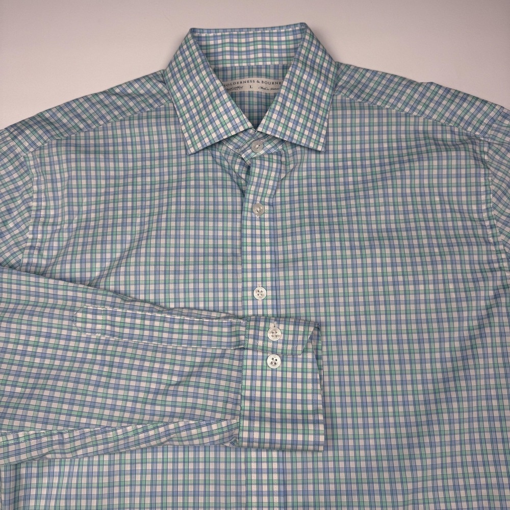 Holderness & Bourne Shirt Mens Large Blue Check Long Sleeve Golf Button Up